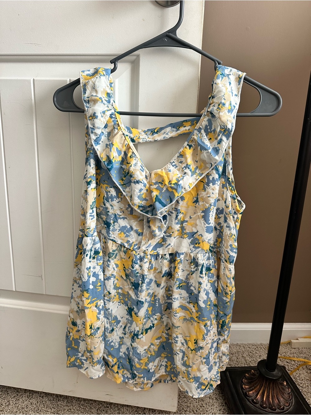 Sleeveless Ruffle V‑Neck Floral Print Dress - Blue, Yellow & White